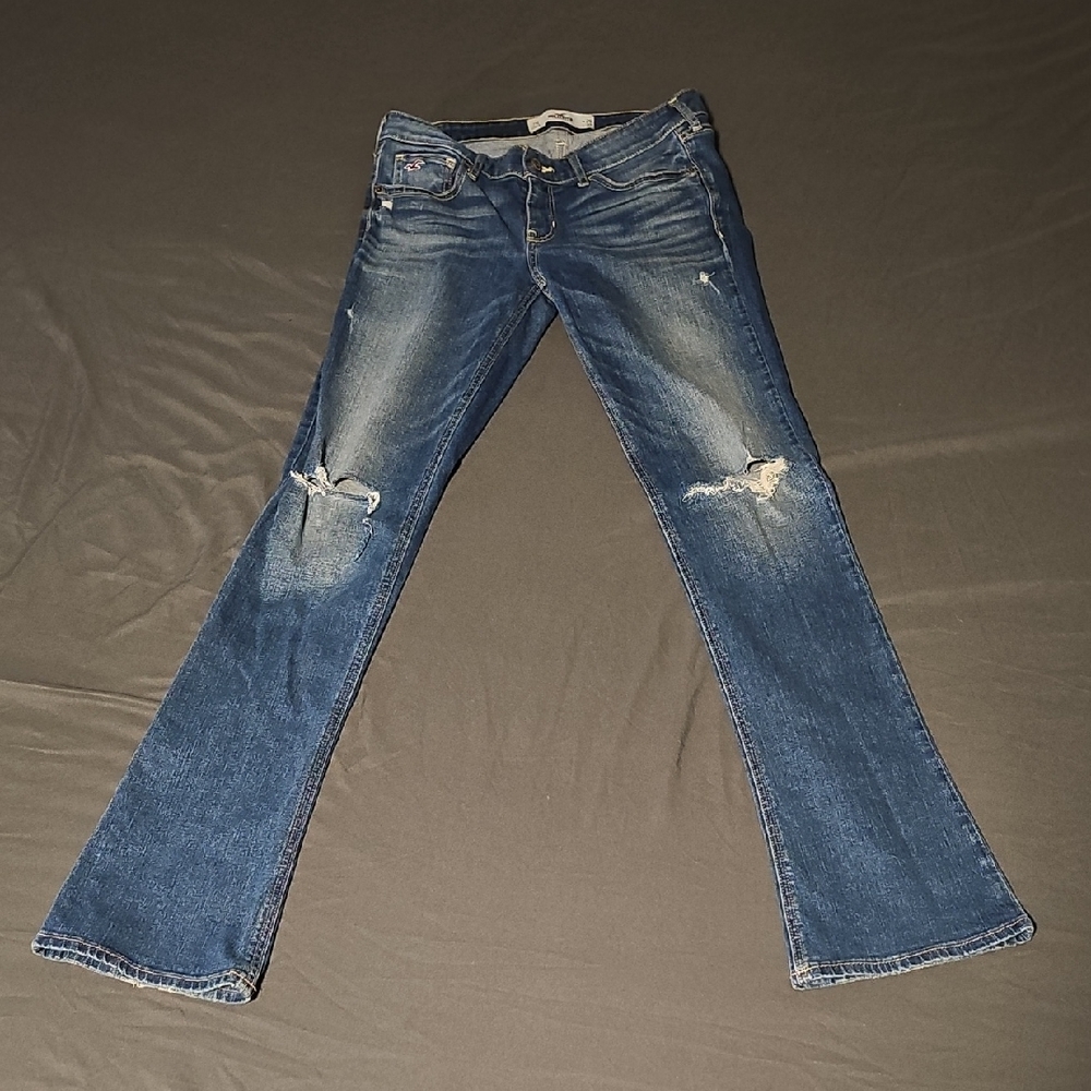 Hollister Women's Distressed Flared Jeans - Dark Blue